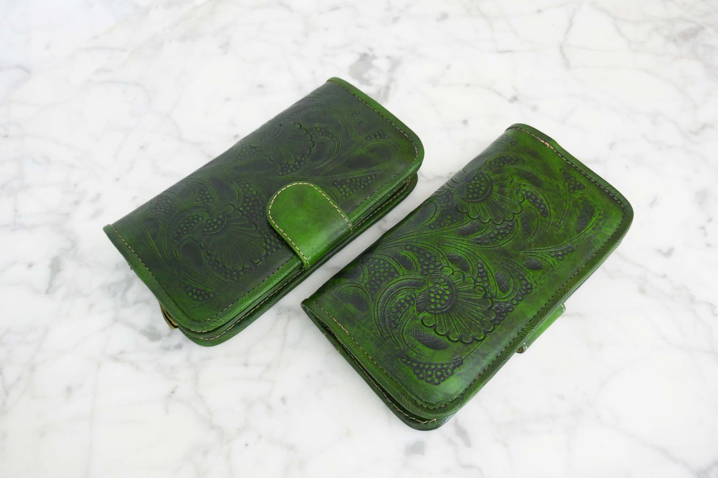 Green Floral Bifold Leather Wallet