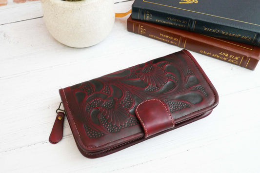Red Floral Bifold Leather Wallet