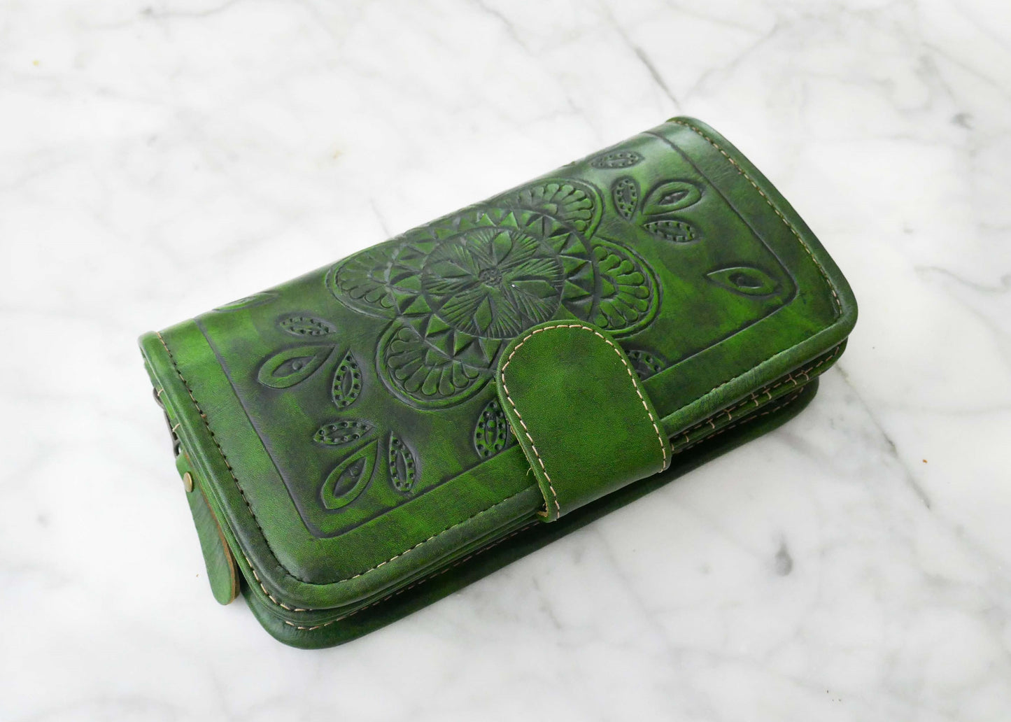 Green Mandala Bifold Leather Wallet