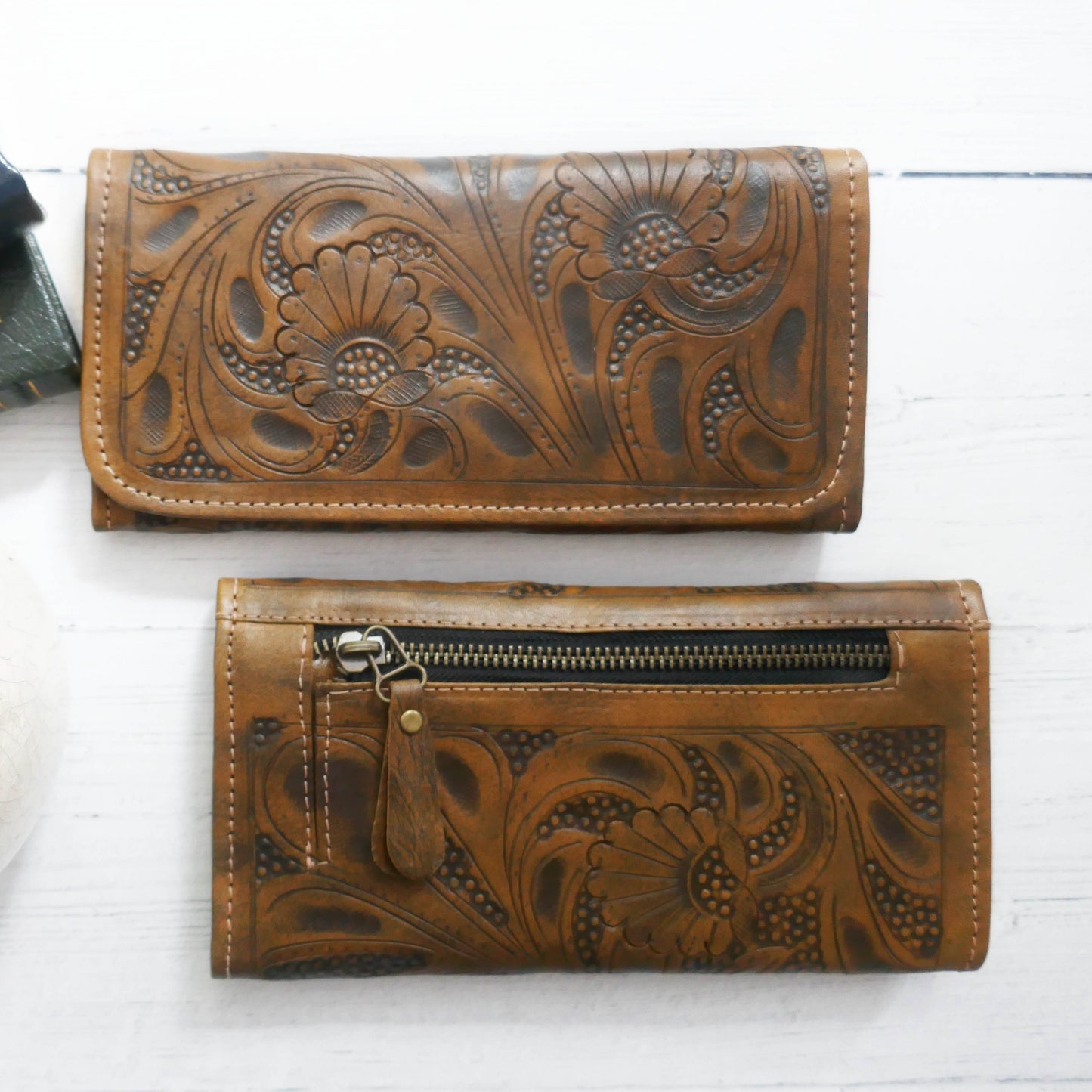 Brown Floral Trifold Leather Wallet