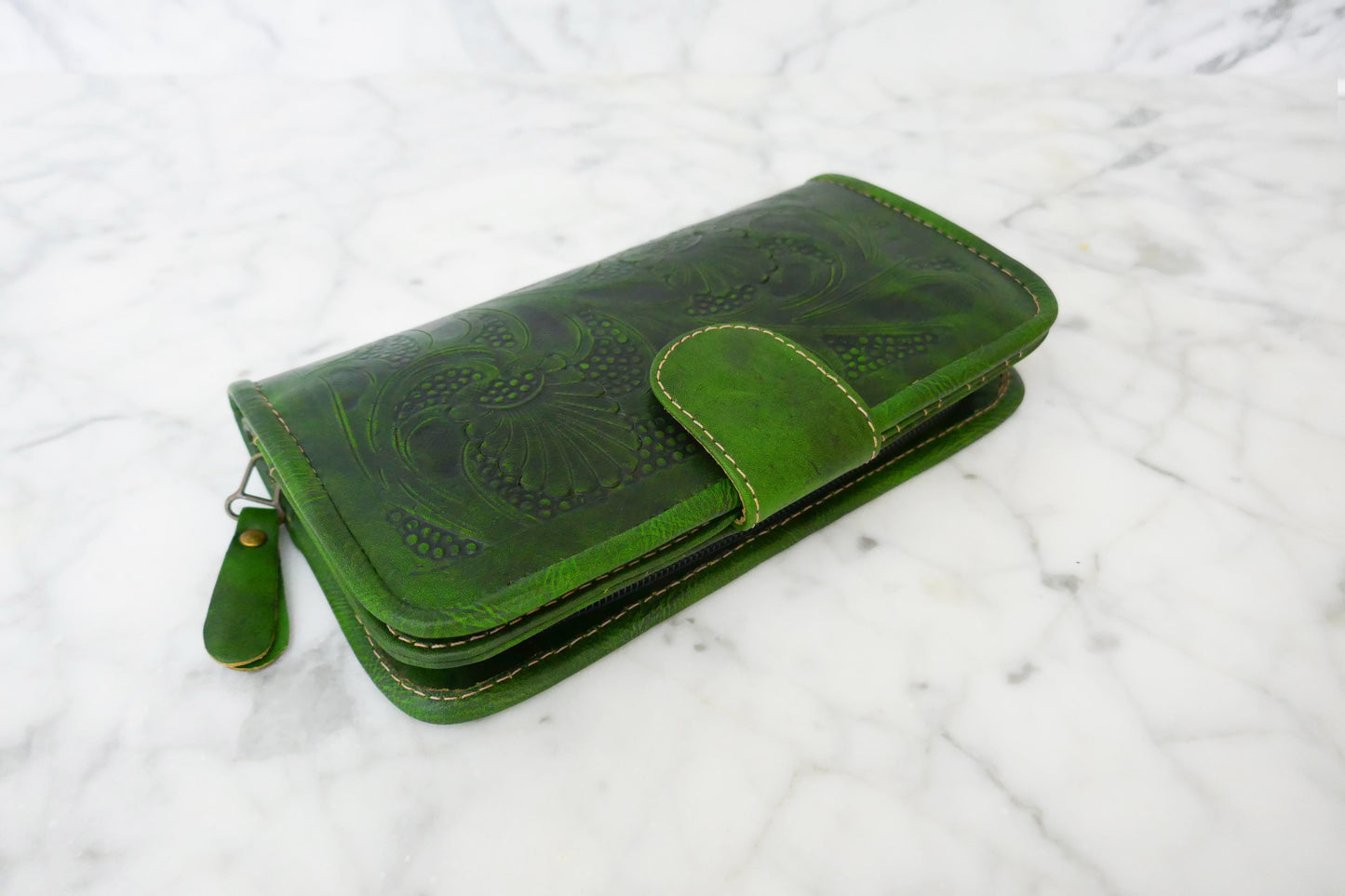 Green Floral Bifold Leather Wallet