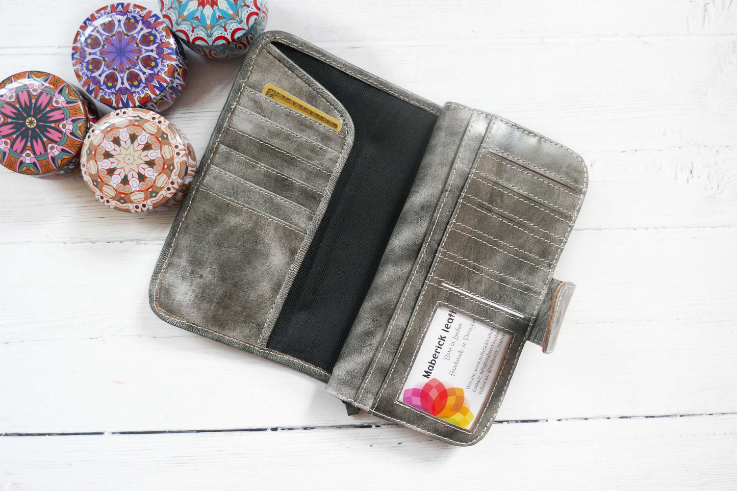 Grey Mandala Bifold Leather Wallet