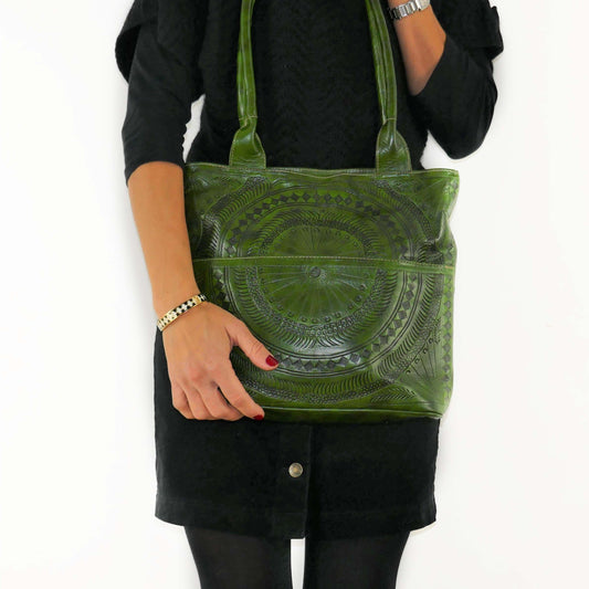 Green Mandala Leather Tote Bag