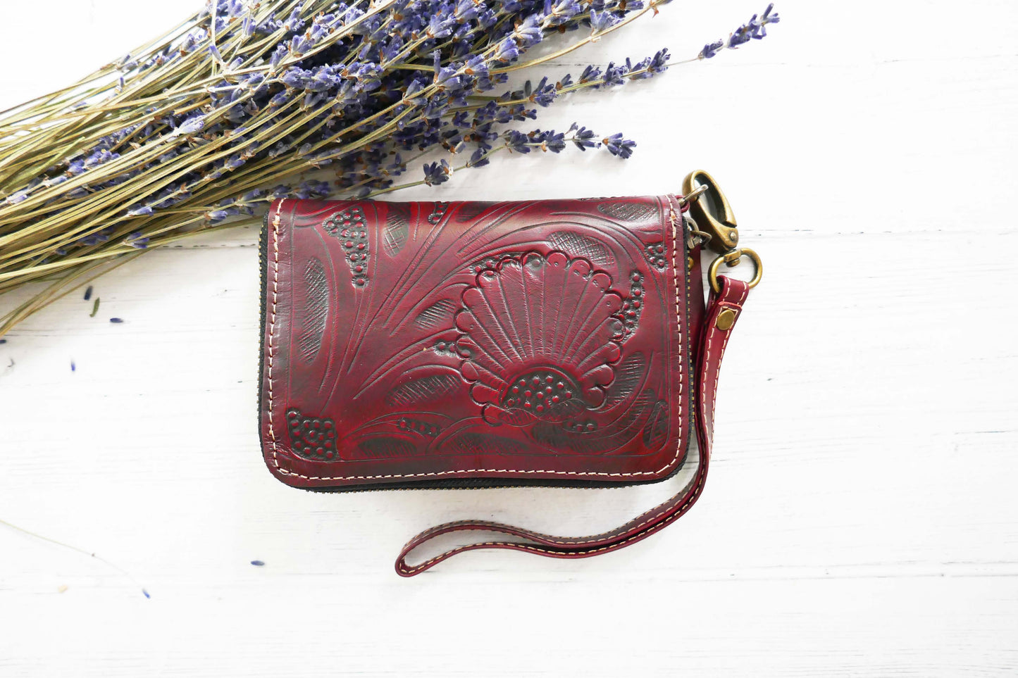 Red Small Tan Zip Around Wallet