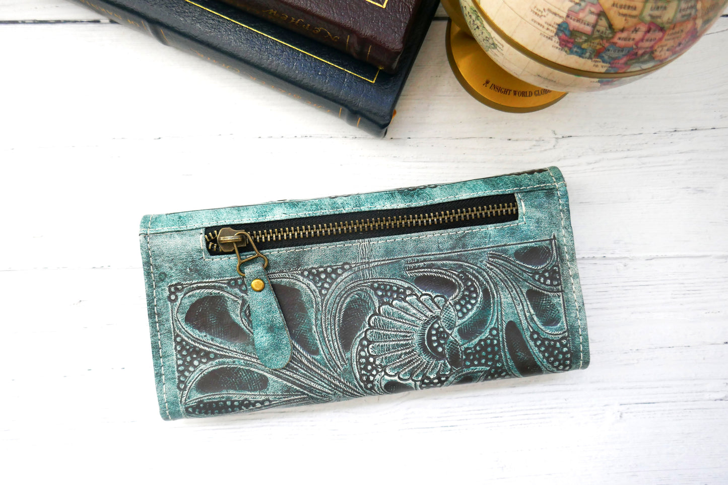 Green Turquoise Floral Trifold Wallet