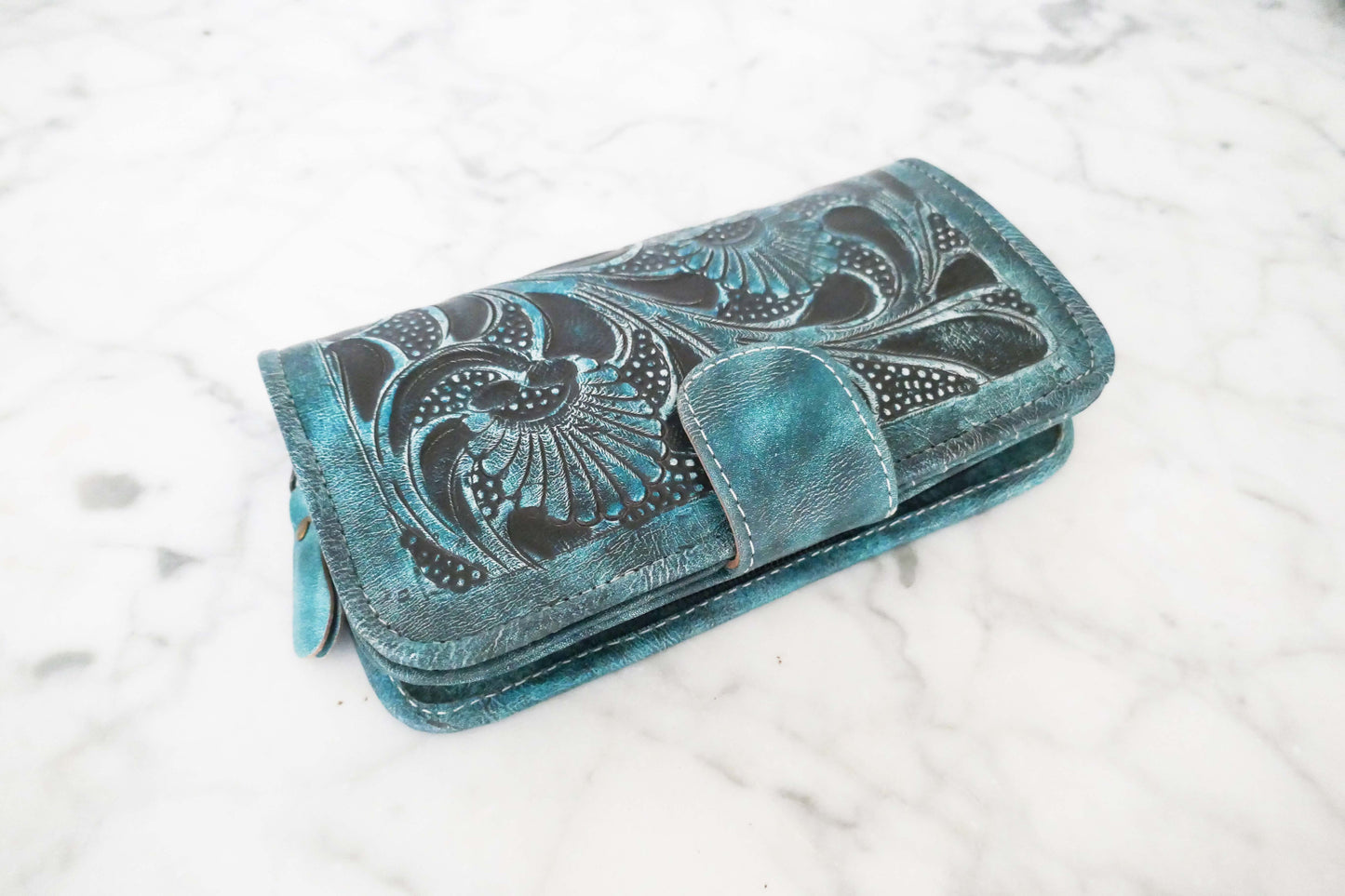 Green Turquoise Floral Leather Wallet