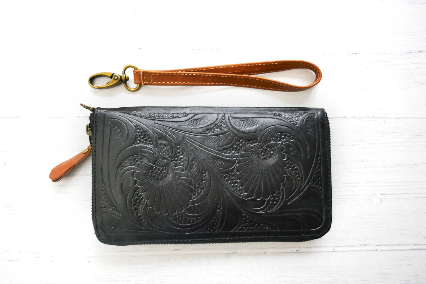 Black & Tan Floral Zip Around Wallet